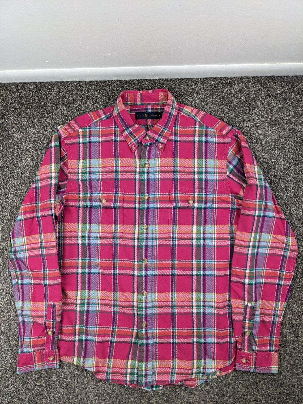 Polo Ralph Lauren Shirt Flannel Indian Madras Plaid L/S Lightweight Mens Large